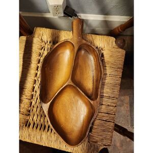 vintage teak wood monkey‎ pod leaf bowl 16"×8" 3 Sections